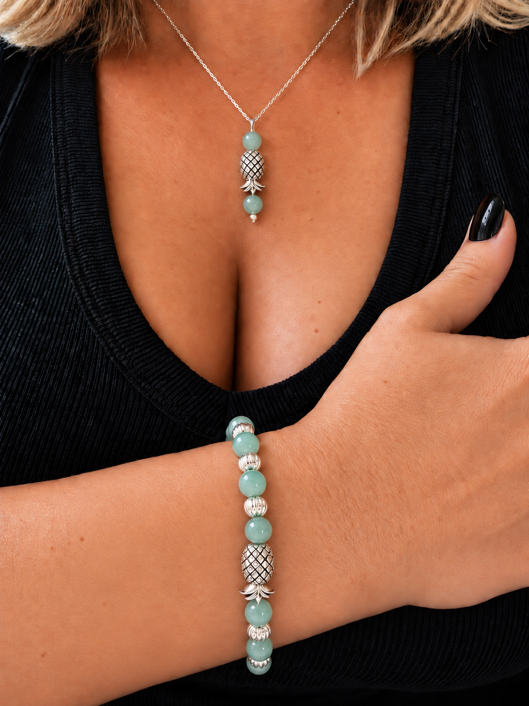 Silver Plated Green Moonstone Pineapple Jewelry Set