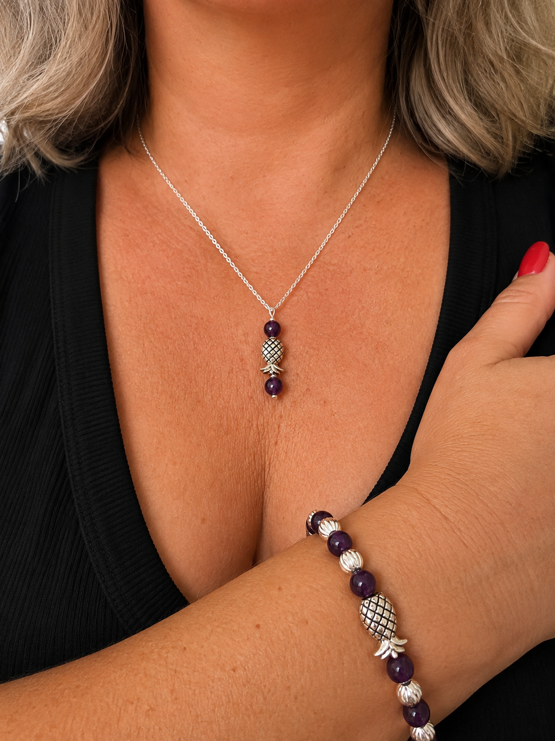 Silver Plated Purple Amethyst Pineapple Jewelry Set