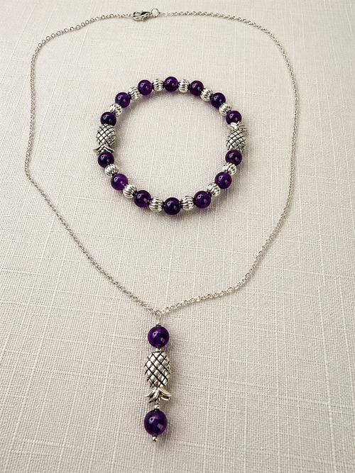 Silver Plated Purple Amethyst Pineapple Jewelry Set