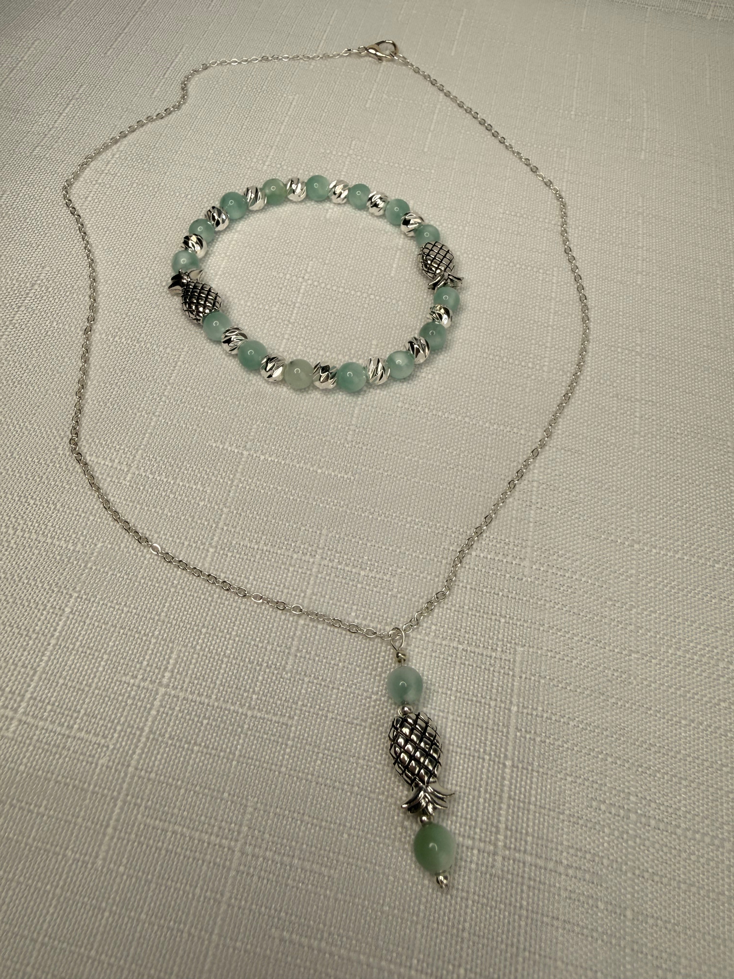 Silver Plated Green Moonstone Pineapple Jewelry Set