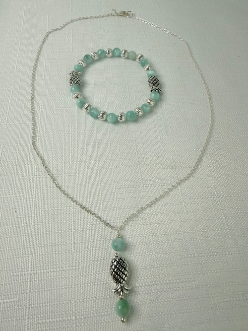 Silver Plated Green Moonstone Pineapple Jewelry Set