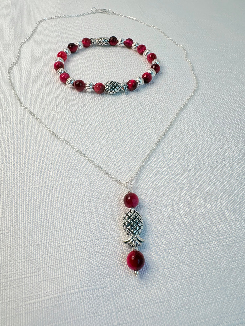 Silver Plated Pink Tiger Eye Pineapple Jewelry Set