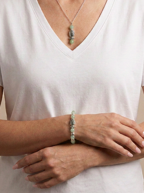Silver Plated Green Moonstone Pineapple Jewelry Set